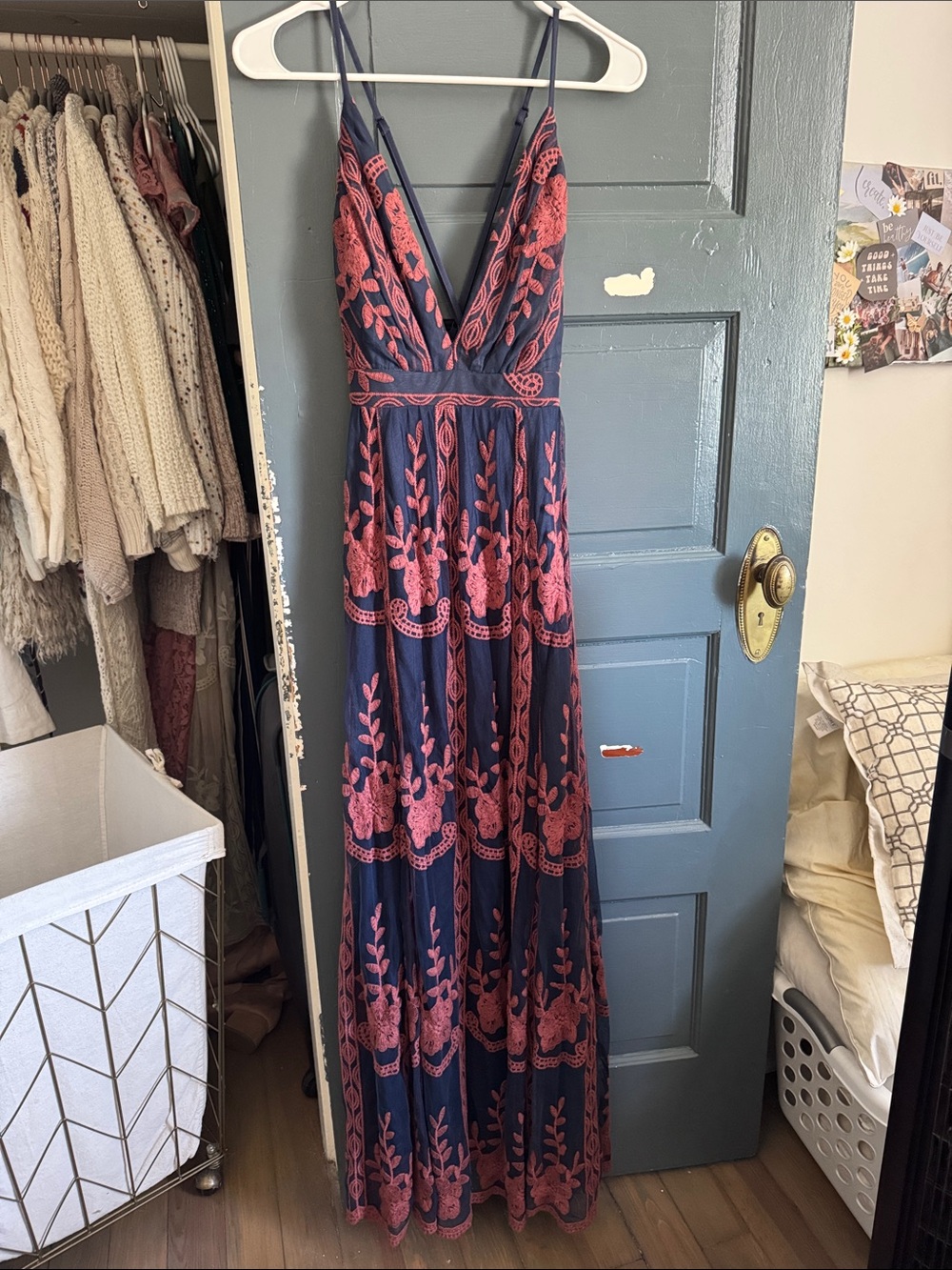 Navy Maxi Dress with Rose Embroidery and V-Neck